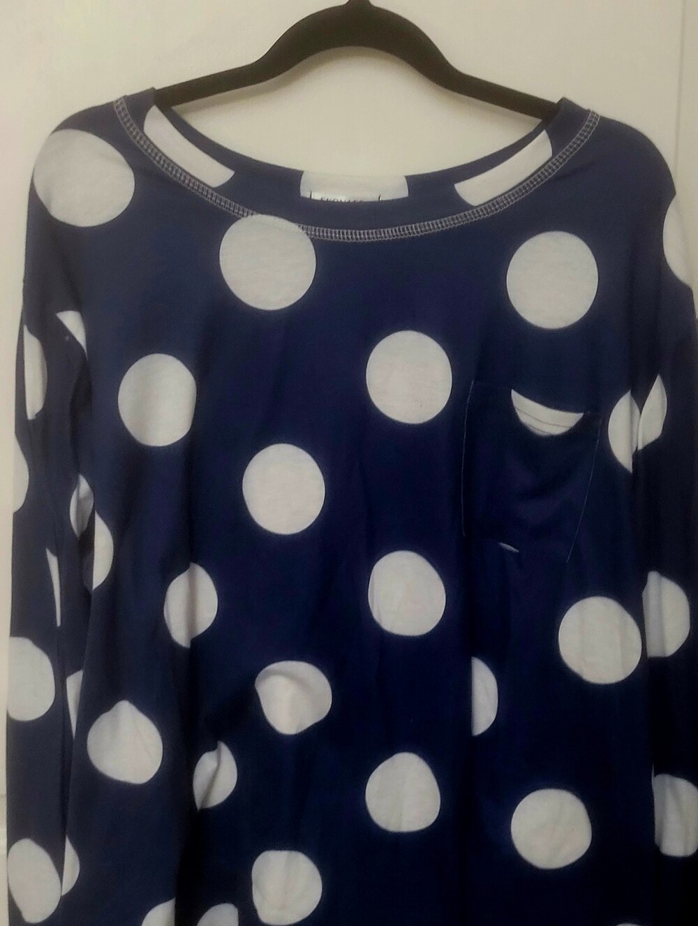 Ekouaer Long Sleeve Pj Top Ft Navy Blue & White Polka Dot W/Front Pocket SZ 3XL